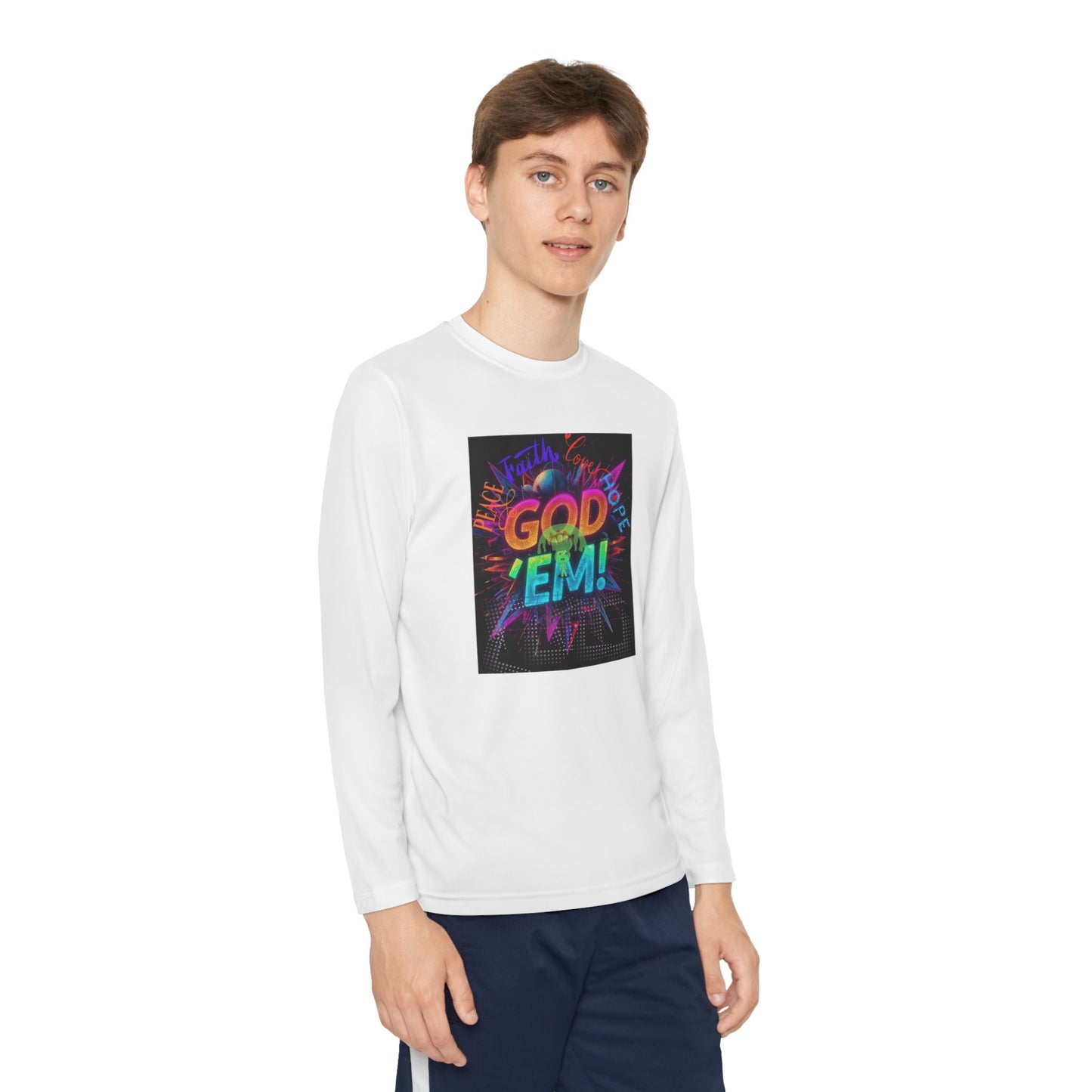 “GOD ‘EM!”- Youth Long Sleeve Tee - 'GOD EM!' Neon Graphic, Cool Vintage Shirts for Kids, Trendy Youth Apparel, Perfect Gift for Celebrations