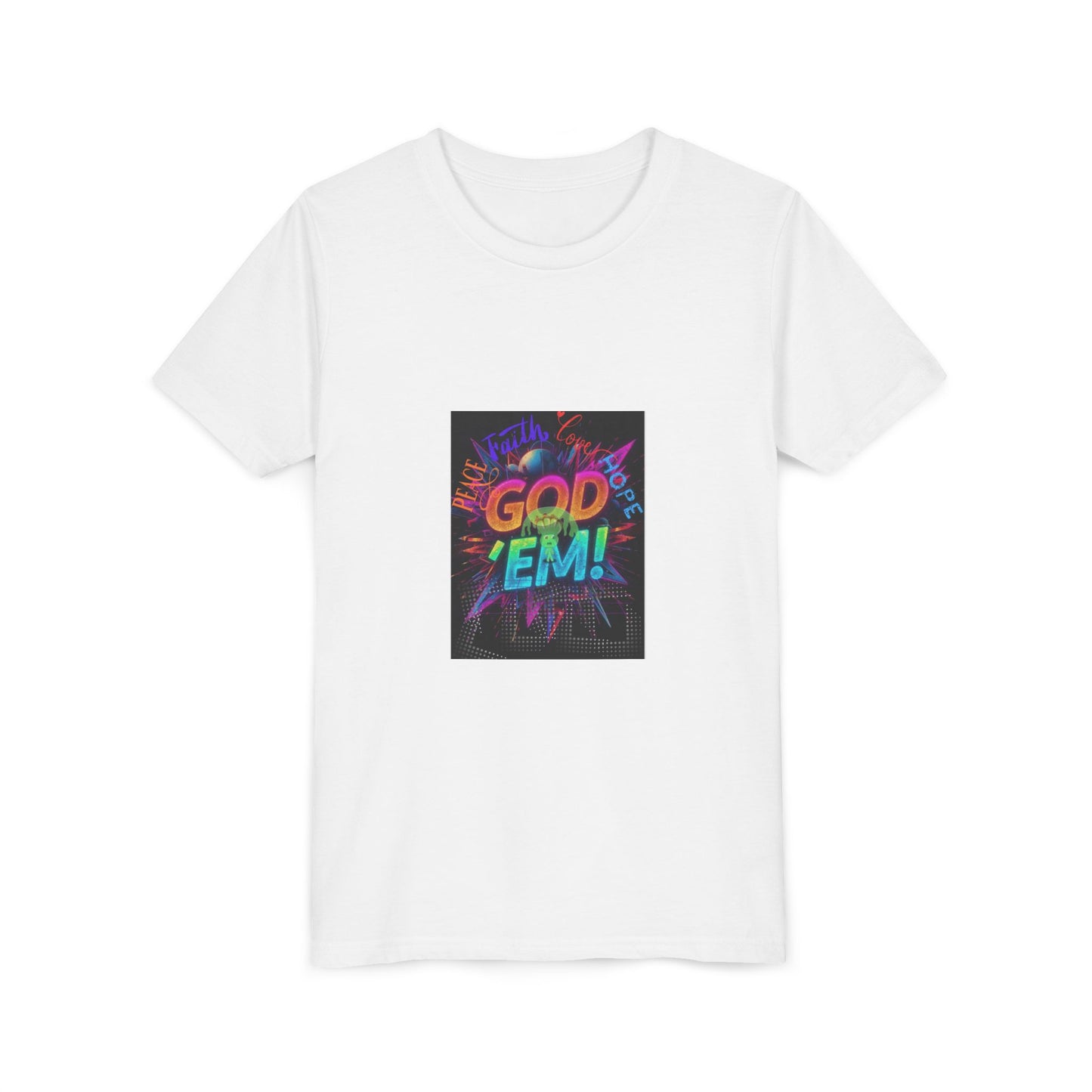 “GOD ‘EM!”- Youth Tee with Vibrant "Good Em!" Design – Fun Gift for Kids, Casual Wear, Birthday Party, Summer Camp, Positive Vibes