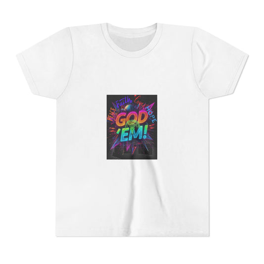 “GOD ‘EM!”- Youth Tee with Vibrant "Good Em!" Design – Fun Gift for Kids, Casual Wear, Birthday Party, Summer Camp, Positive Vibes