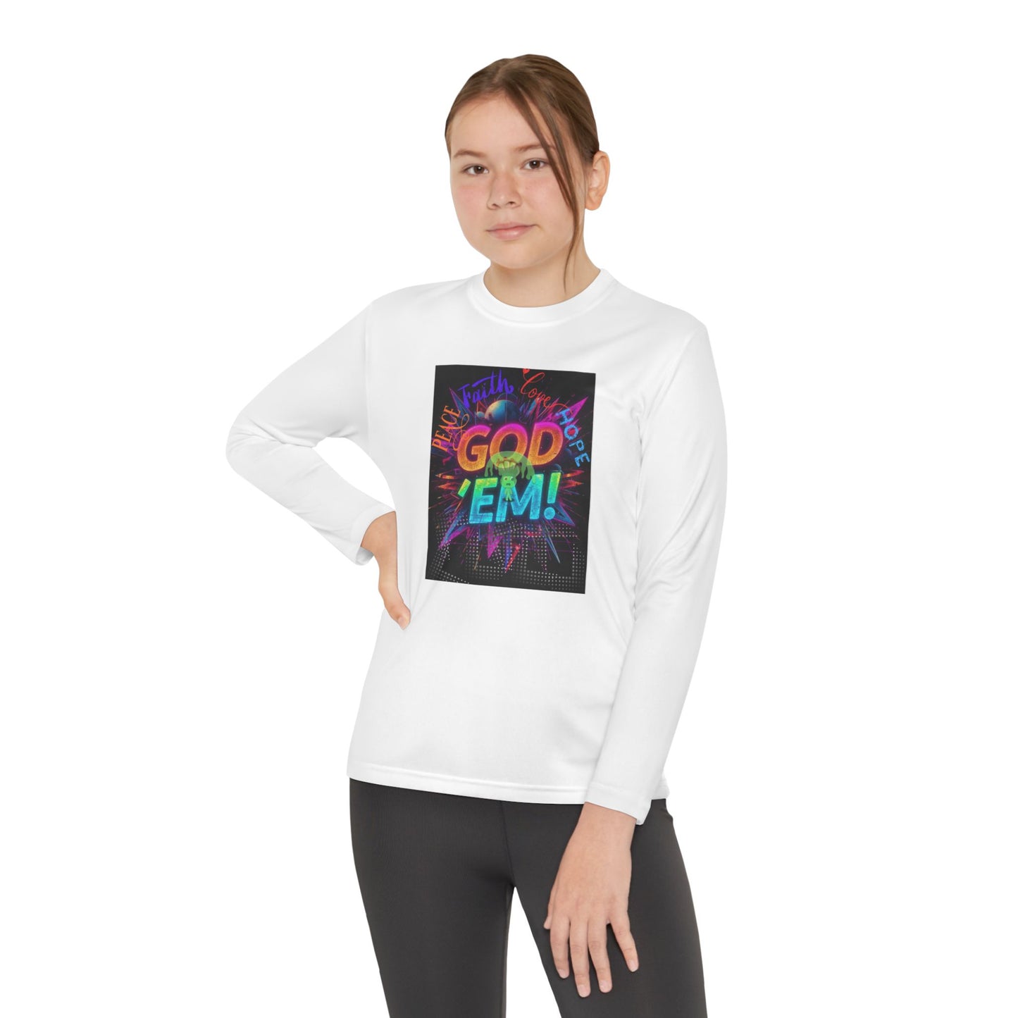 “GOD ‘EM!”- Youth Long Sleeve Tee - 'GOD EM!' Neon Graphic, Cool Vintage Shirts for Kids, Trendy Youth Apparel, Perfect Gift for Celebrations