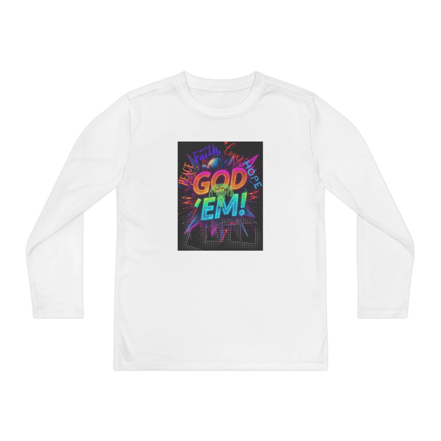“GOD ‘EM!”- Youth Long Sleeve Tee - 'GOD EM!' Neon Graphic, Cool Vintage Shirts for Kids, Trendy Youth Apparel, Perfect Gift for Celebrations