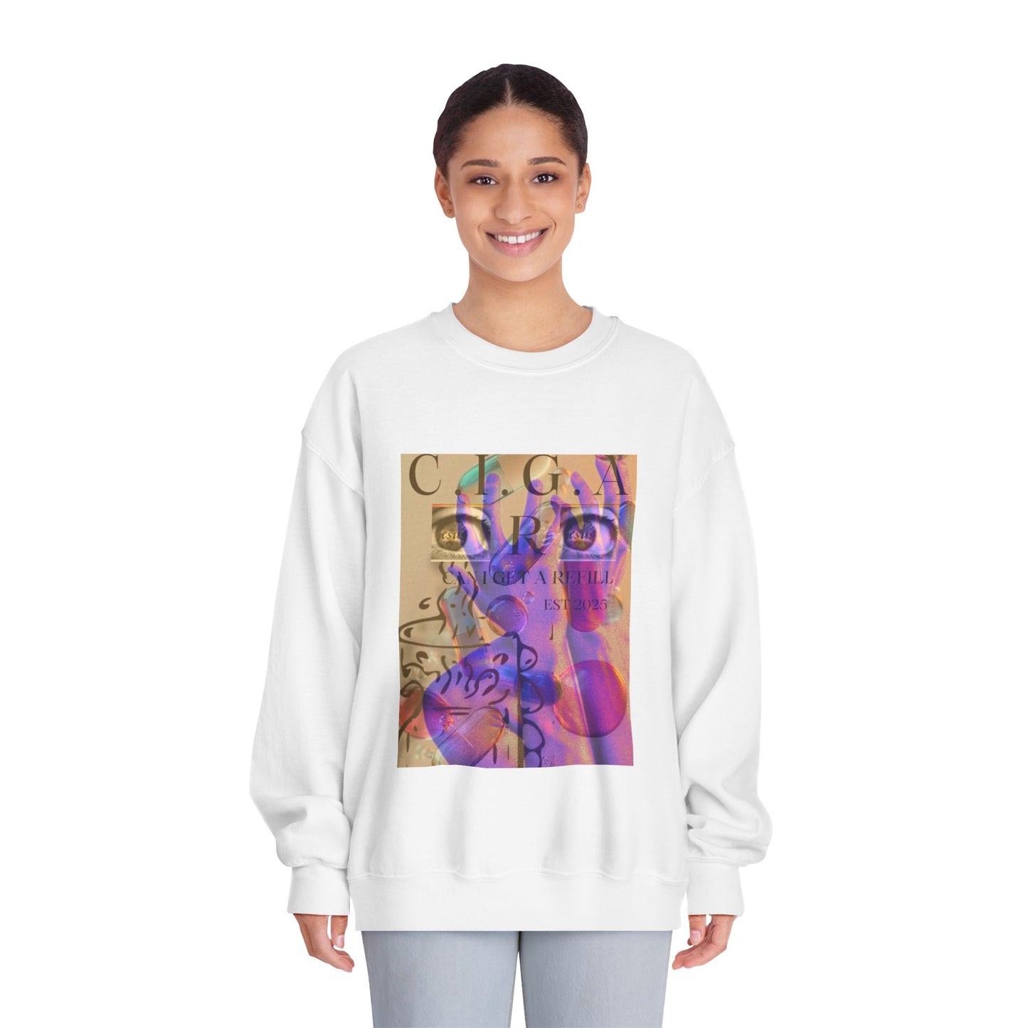 C. I. G. A. R. (Can I Get A Refill?) Unisex Colorful Inspirational Sweatshirt | Cozy Unisex Crewneck | Motivational Gift | Perfect for All Occasions | Aesthetic Apparel